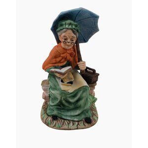 Vintage Porcelain Old Woman Reading Outdoor Umbrella Farmhouse Home Decor